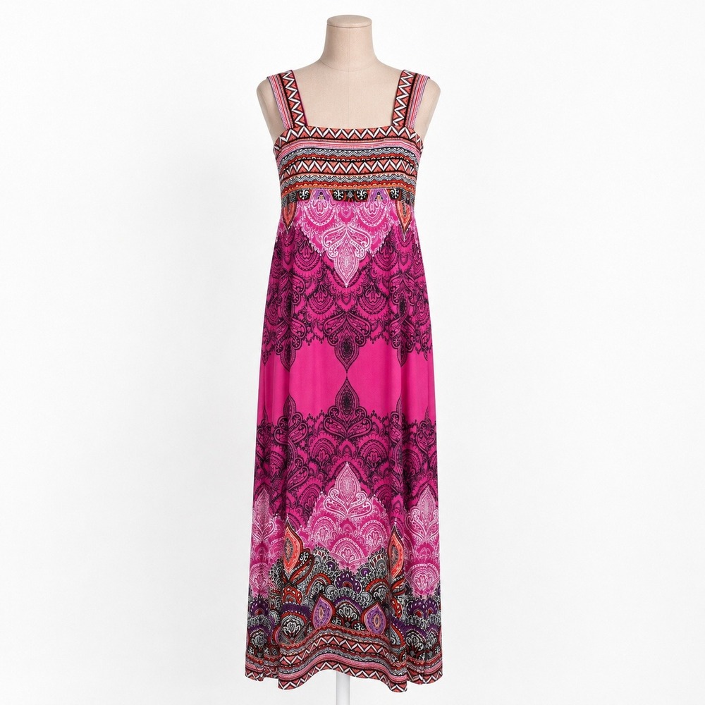 Paisley Geometric Sleeveless Maxi Dress Size 8 Pink Coastal Vacation Resort Boho